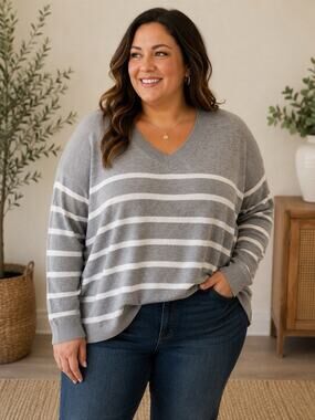 Terra & Sky Womens 0X 14W Gray White Striped V Neck Sweater Plus Size